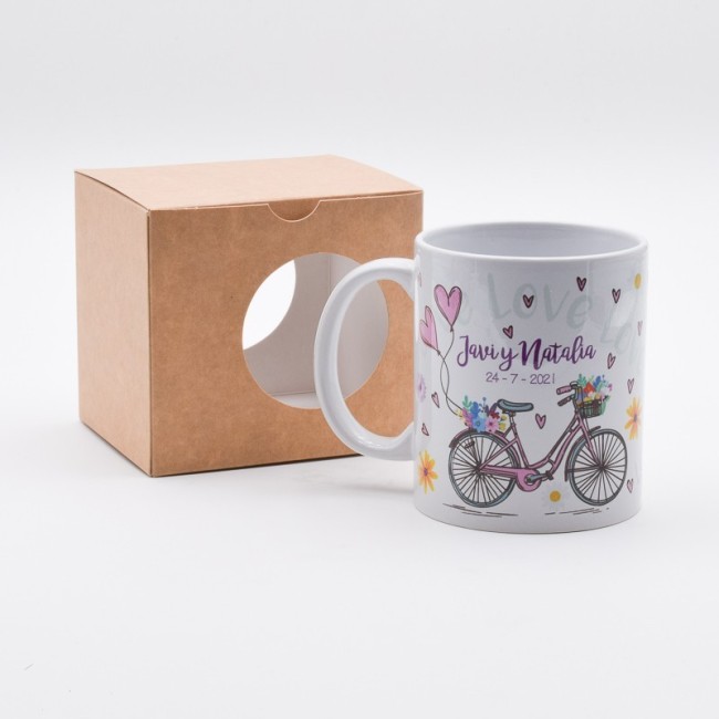 Taza personalizada boda con bicicleta y corazones