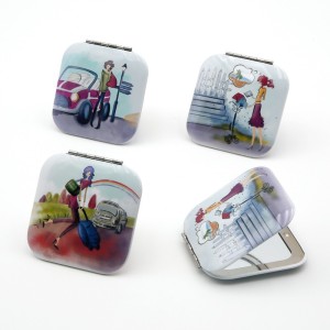 Espejo doble cuadrado con decoración de chicas acuarela en tres diseños femeninos, ideal para neceser.