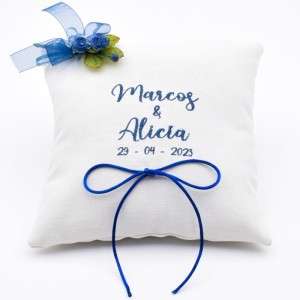 Cojín para Anillos de Boda con Bordado Personalizado en Azul