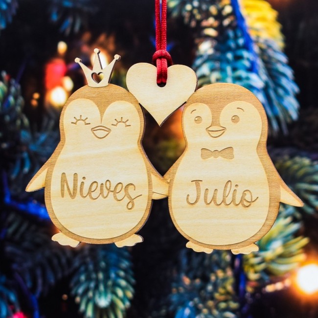 decoración navideña de pingüinos personalizada para parejas