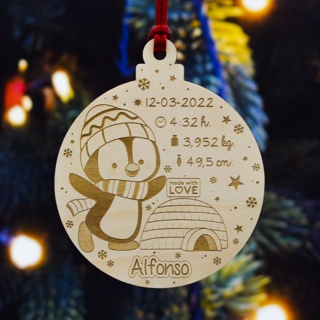 Bola de Navidad personalizada de pingüino con datos de tu bebé