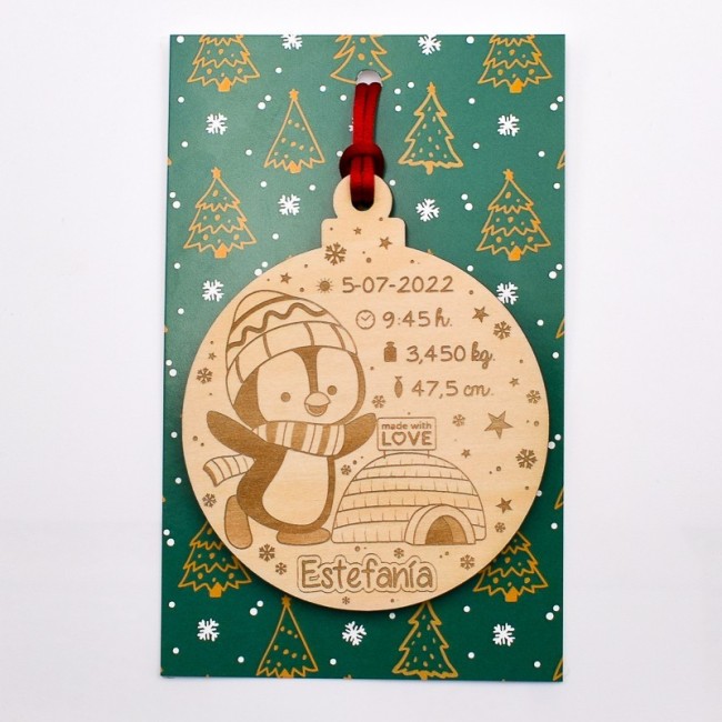 Bola de Navidad personalizada de pingüino con datos de tu bebé
