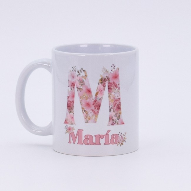 Taza personalizada con flores rosas e inicial