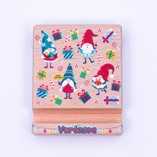 Soporte de madera para teléfono, personalizado y con diseño de gnomos