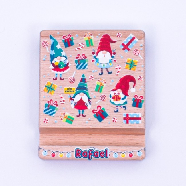 Soporte de madera para teléfono, personalizado y con diseño de gnomos