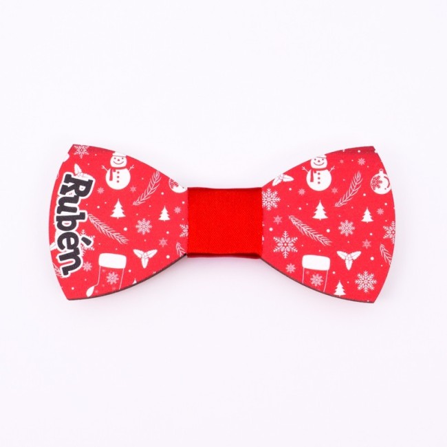 Pajarita de madera personalizada con nombre y estampado invernal navideño