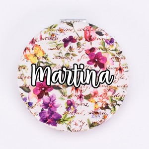 Espejo redondo doble con diseño floral y personalización
Espejo floral romántico con grabado personalizado para evento