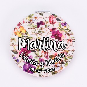 Espejo redondo doble con diseño floral personalizado para boda
Espejo floral con grabado personalizado para evento